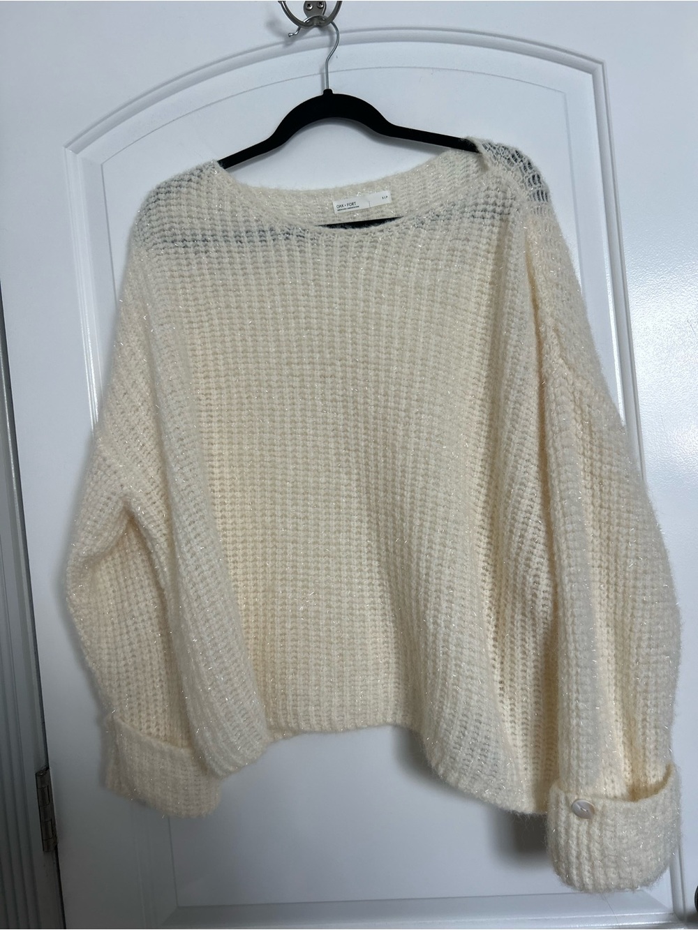 OAK + FORT Ivory Shimmer Wool Blend Crewneck Sweater Size S Chic Preppy 90s